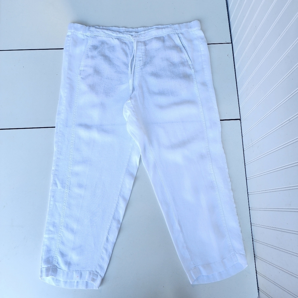 J Jill 100% Linen Pants Drawstring Lagenlook Pockets Wide Leg Boho Petite LP